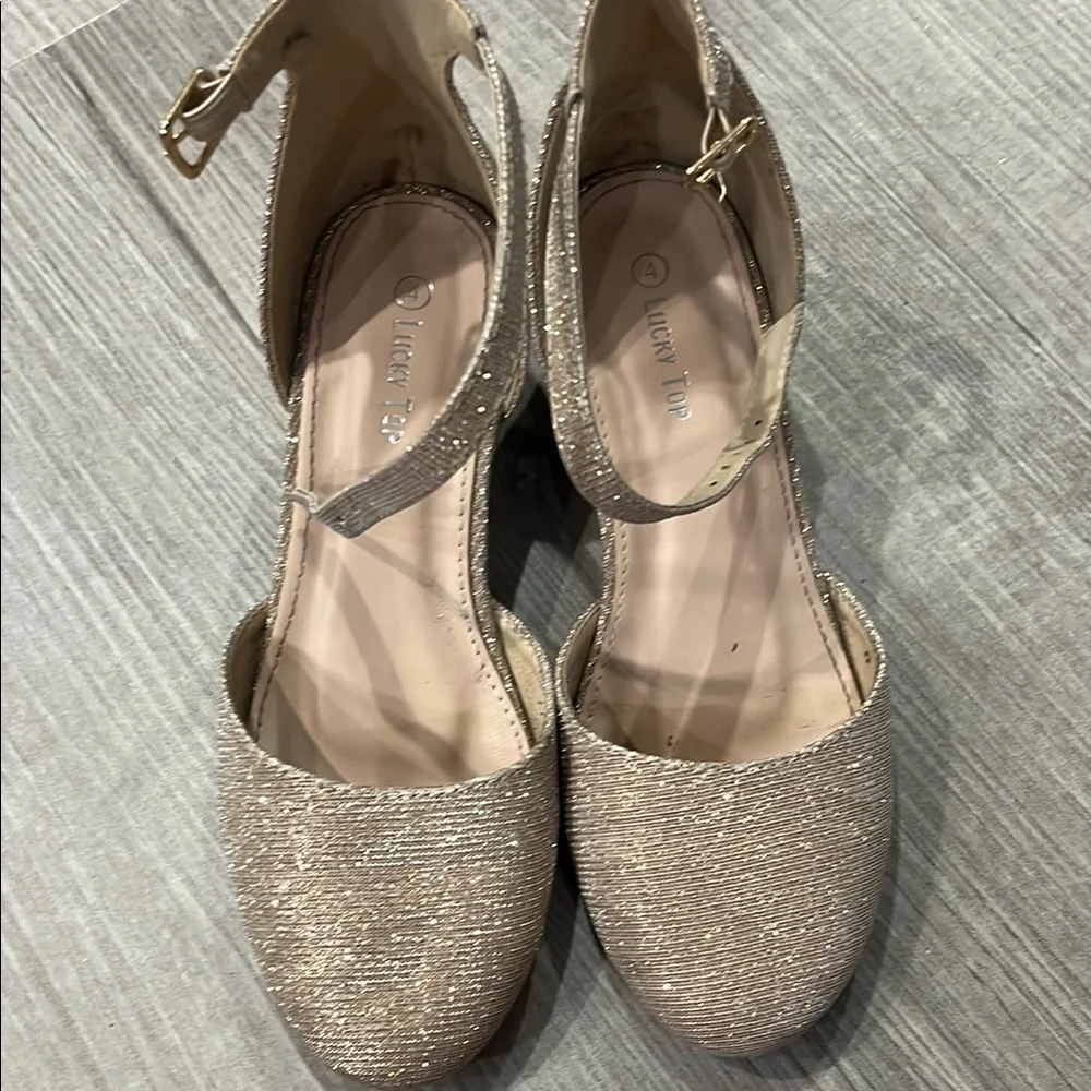 Gold Dress Shoes with Ankle Straps and Shimmery Finish
